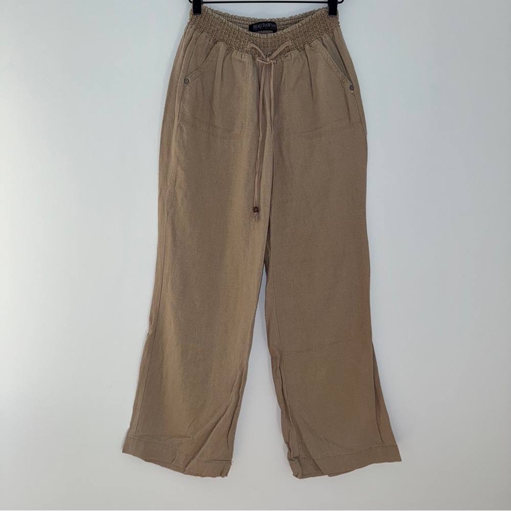 Beau Dawson Linen Blend Wide Leg Pants Khaki Tan Women’s Size M Elastic Waist